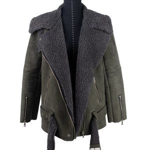 Oversized Faux Suede Sherpa Jacket (Olive)